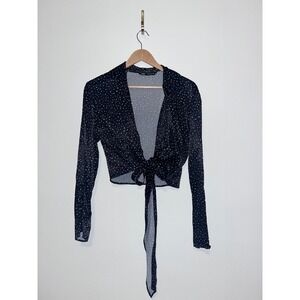 Zara Womens Black Polka Dot Satin‎ Tie Front Crop Top Long Sleeve Small